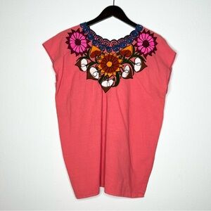 Artisan Mexican Blouse Peach Womens Floral Embroidery Boho Peasant Hippie Floral
